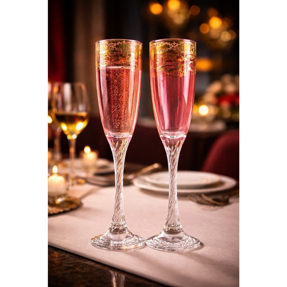 Vintage Bohemian Czech Cranberry Flutes Gold Overlay Twisted Stem Set Of 2